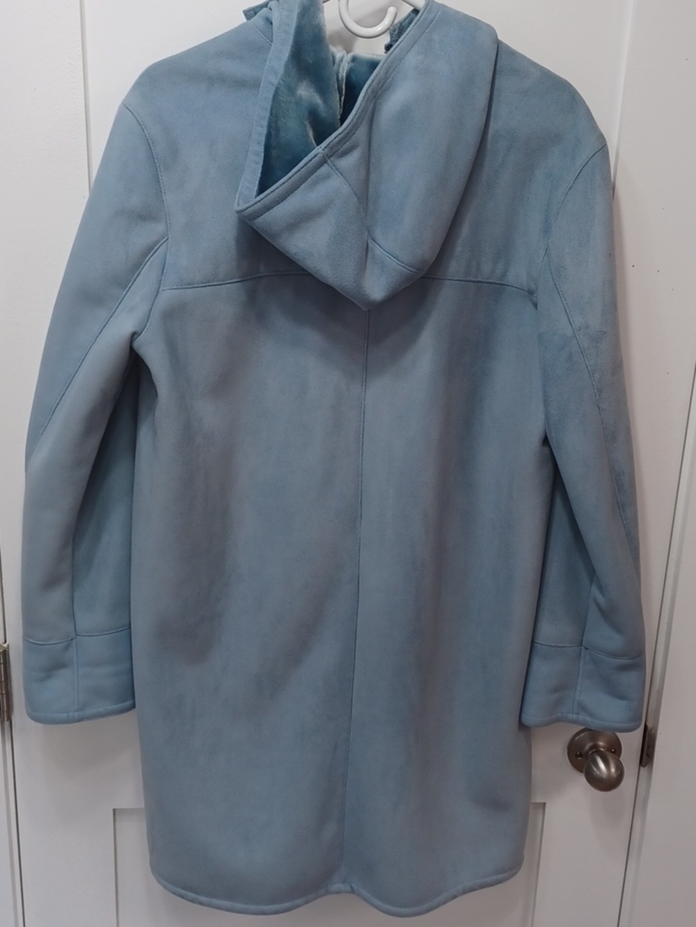 Faux Suede Leather & Velour, Blue Trench Coat Hoodie Long, Small - Medium - Picture 2 of 12